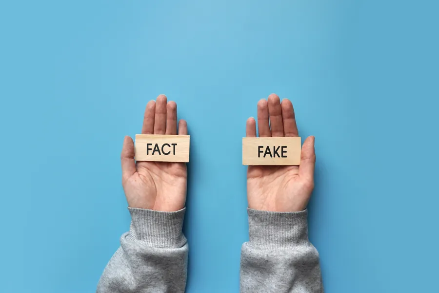 fact and fake in the hands of a person